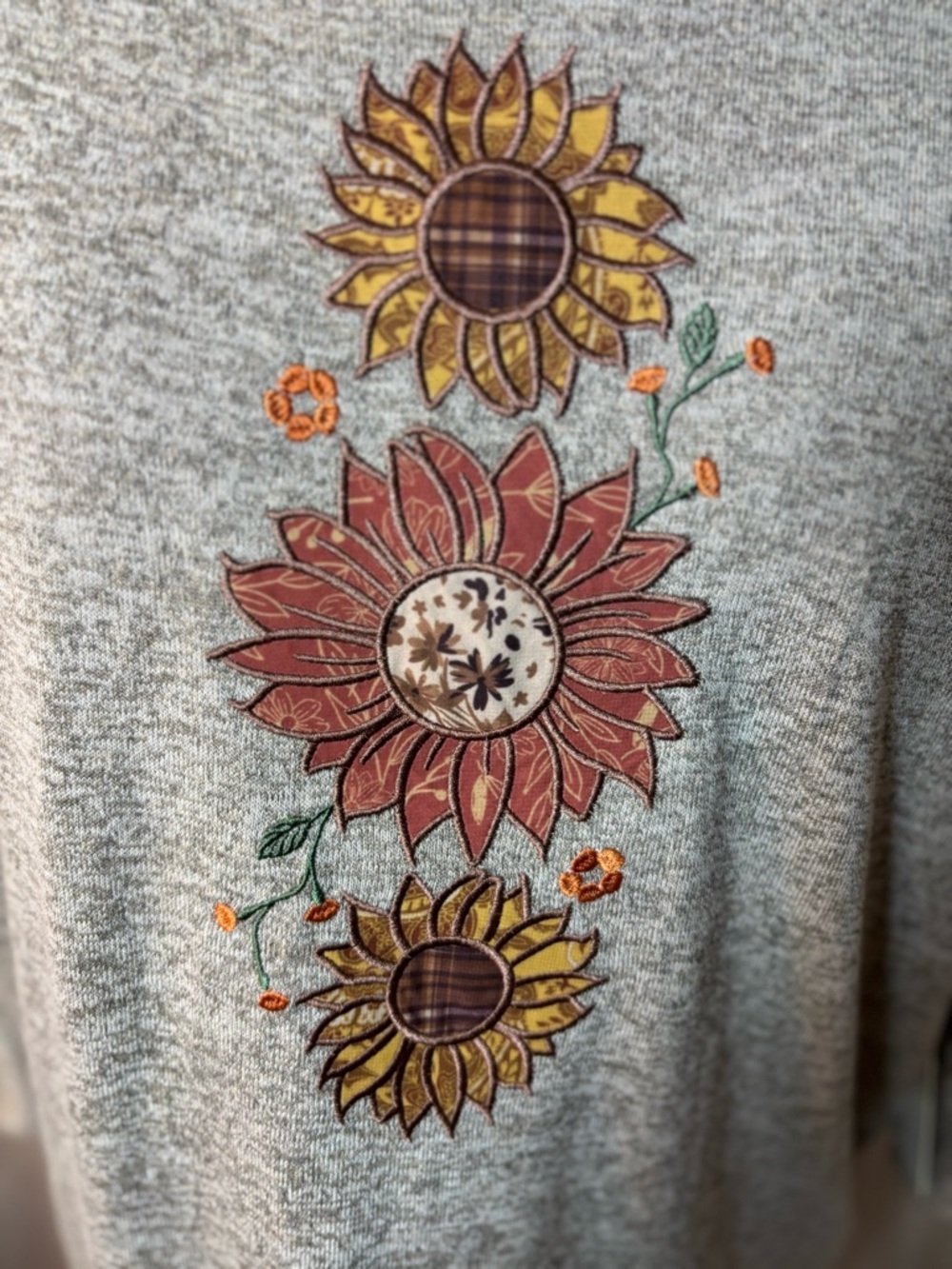 Gray Women's Pullover Top with Sunflower Embroidery - Picture 6 of 7